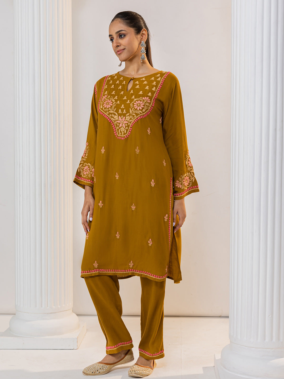 HOUSE OF KARI Floral Embroidered Chikankari Kurta With Palazzo - Distacart