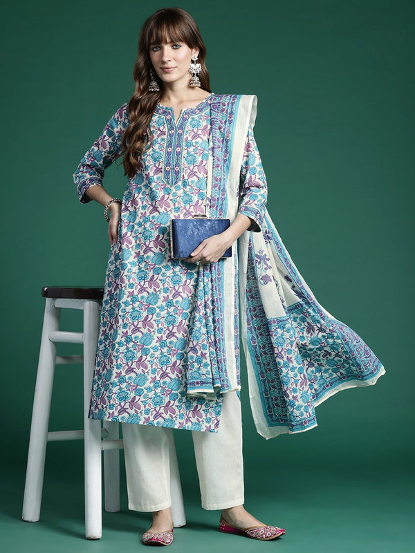 Indo Era Floral Printed Regular Pure Cotton Kurta with Trousers & Dupatta