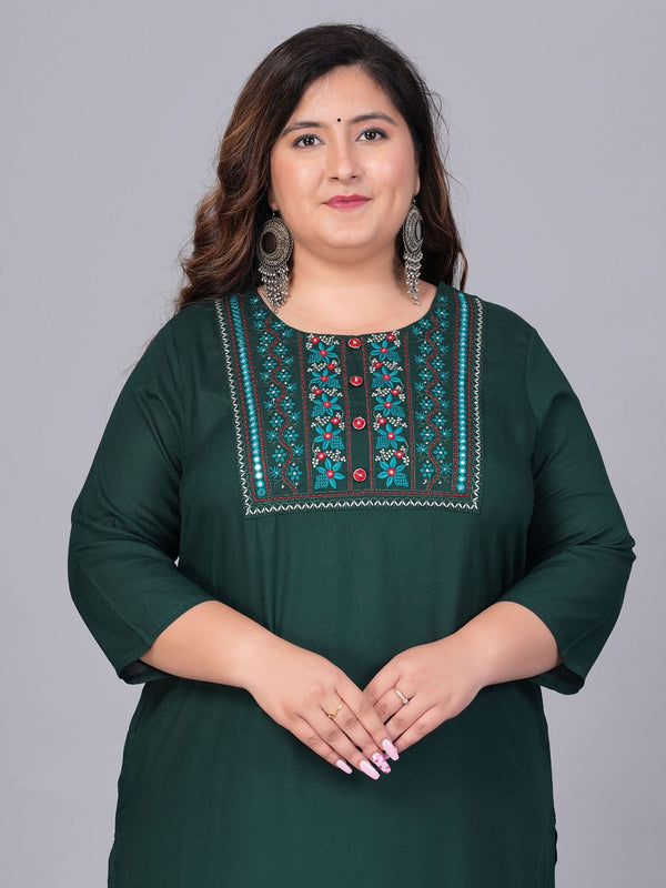 Sztori Plus Size Embroidered Yoke Design Round Neck Three-Quarter Sleeves Straight Kurta - Distacart