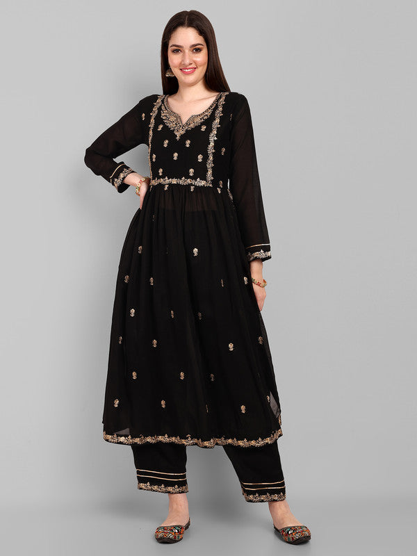 Malishka Women's Black Vichitra silk Embroidery Kurta Set