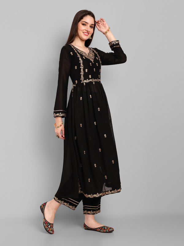 Malishka Women's Black Vichitra silk Embroidery Kurta Set