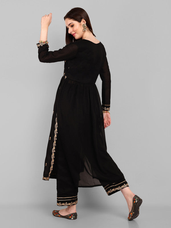 Malishka Women's Black Vichitra silk Embroidery Kurta Set