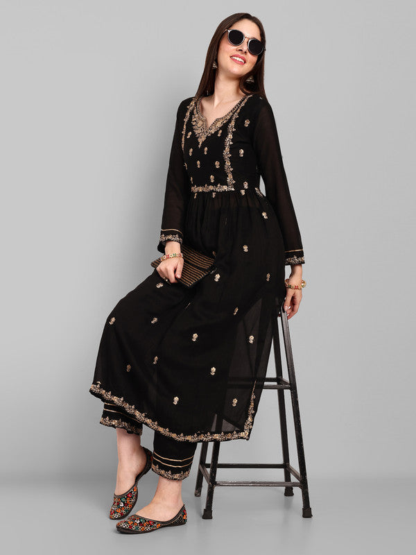 Malishka Women's Black Vichitra silk Embroidery Kurta Set