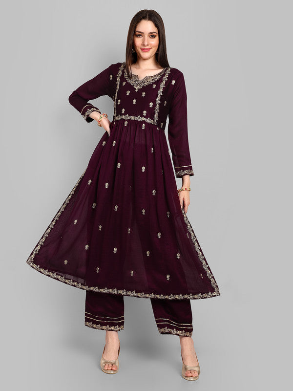 Malishka Women's Wine Vichitra silk Embroidery Kurta Set
