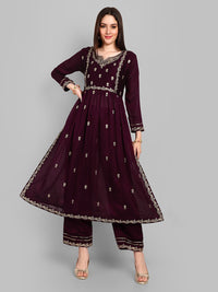 Thumbnail for Malishka Women's Wine Vichitra silk Embroidery Kurta Set