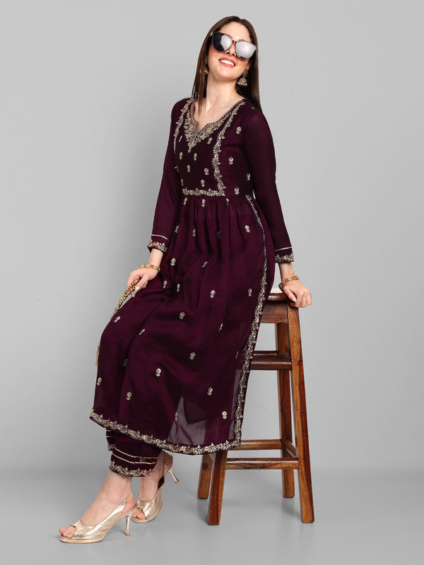 Malishka Women's Wine Vichitra silk Embroidery Kurta Set