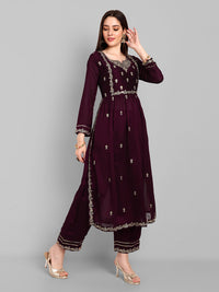 Thumbnail for Malishka Women's Wine Vichitra silk Embroidery Kurta Set