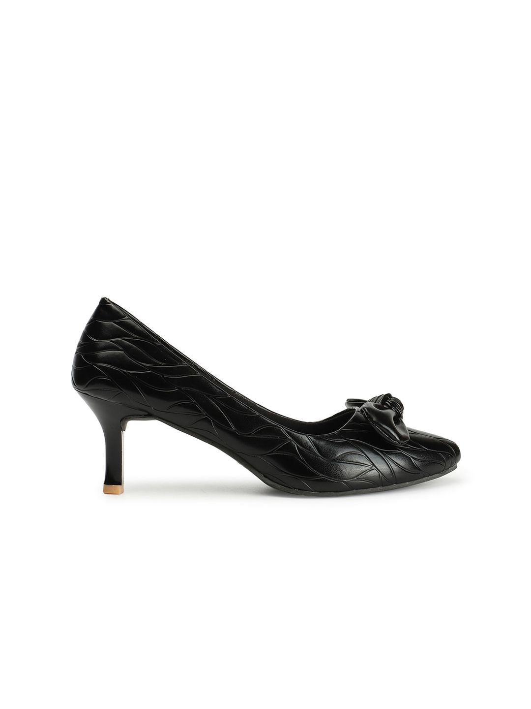 DressBerry Black Pointed Toe Textured Kitten Pumps With Bows