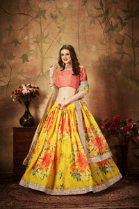 Thumbnail for Aastha Fashion Women's Yellow Digital Printed Organza Silk Wedding Lehenga Choli With Orange Blouse - Distacart