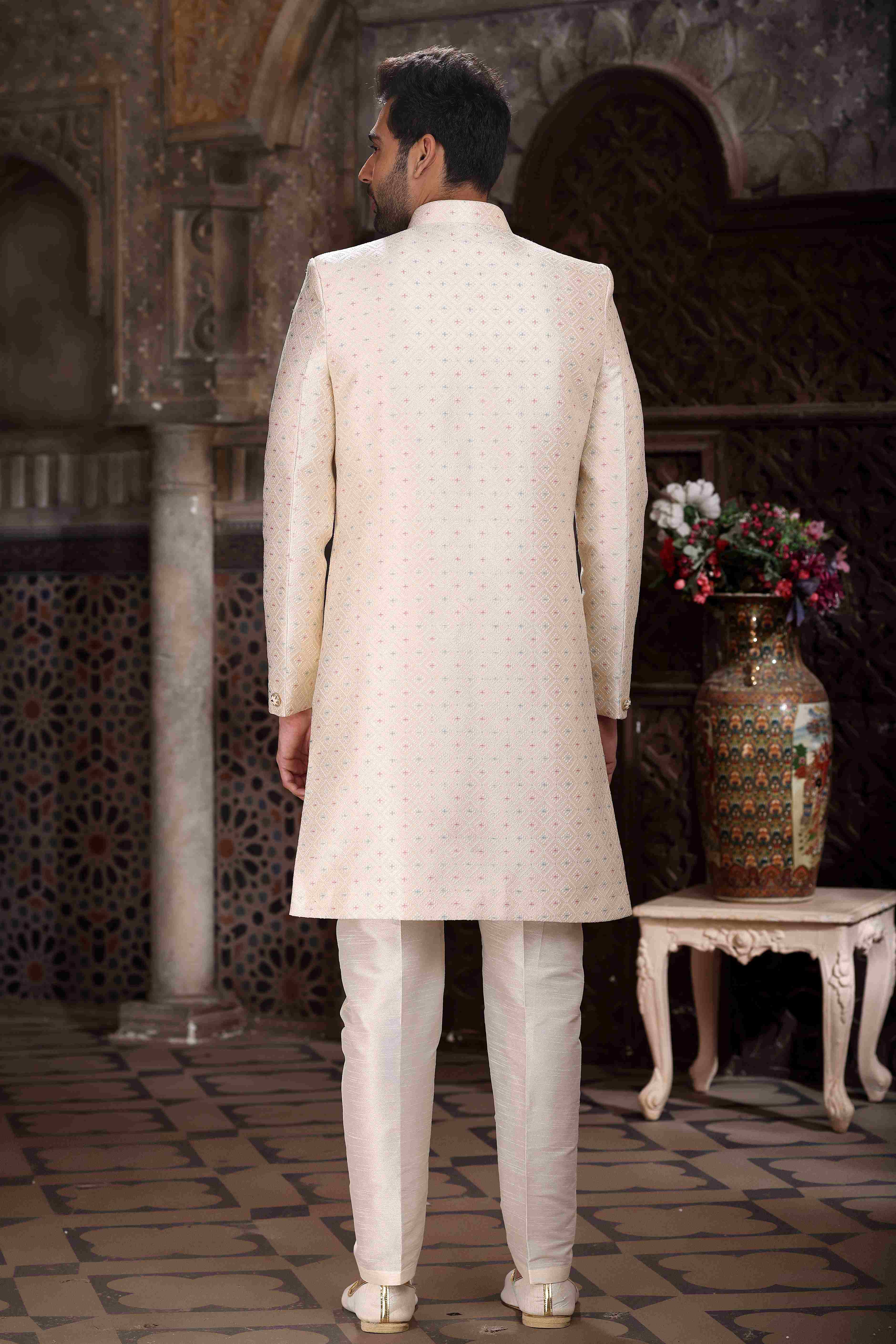 Raivat Ethnic Banarasi Jacquard Woven Work Indo Western Sherwani In Cream Colour