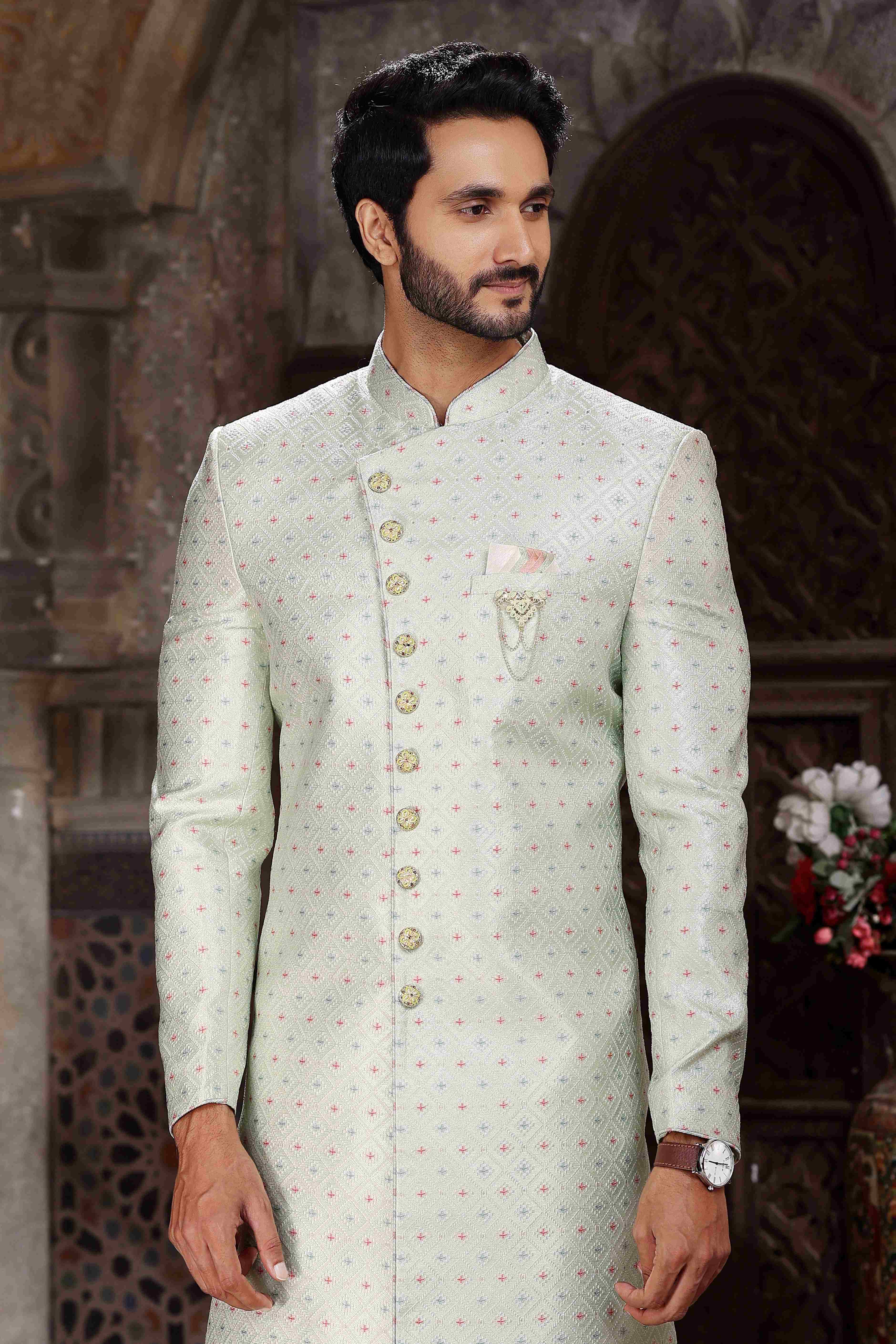Raivat Ethnic Banarasi Jacquard Woven Work Indo Western Sherwani In Pista Green Colour