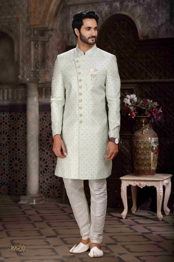 Raivat Ethnic Banarasi Jacquard Woven Work Indo Western Sherwani In Pista Green Colour