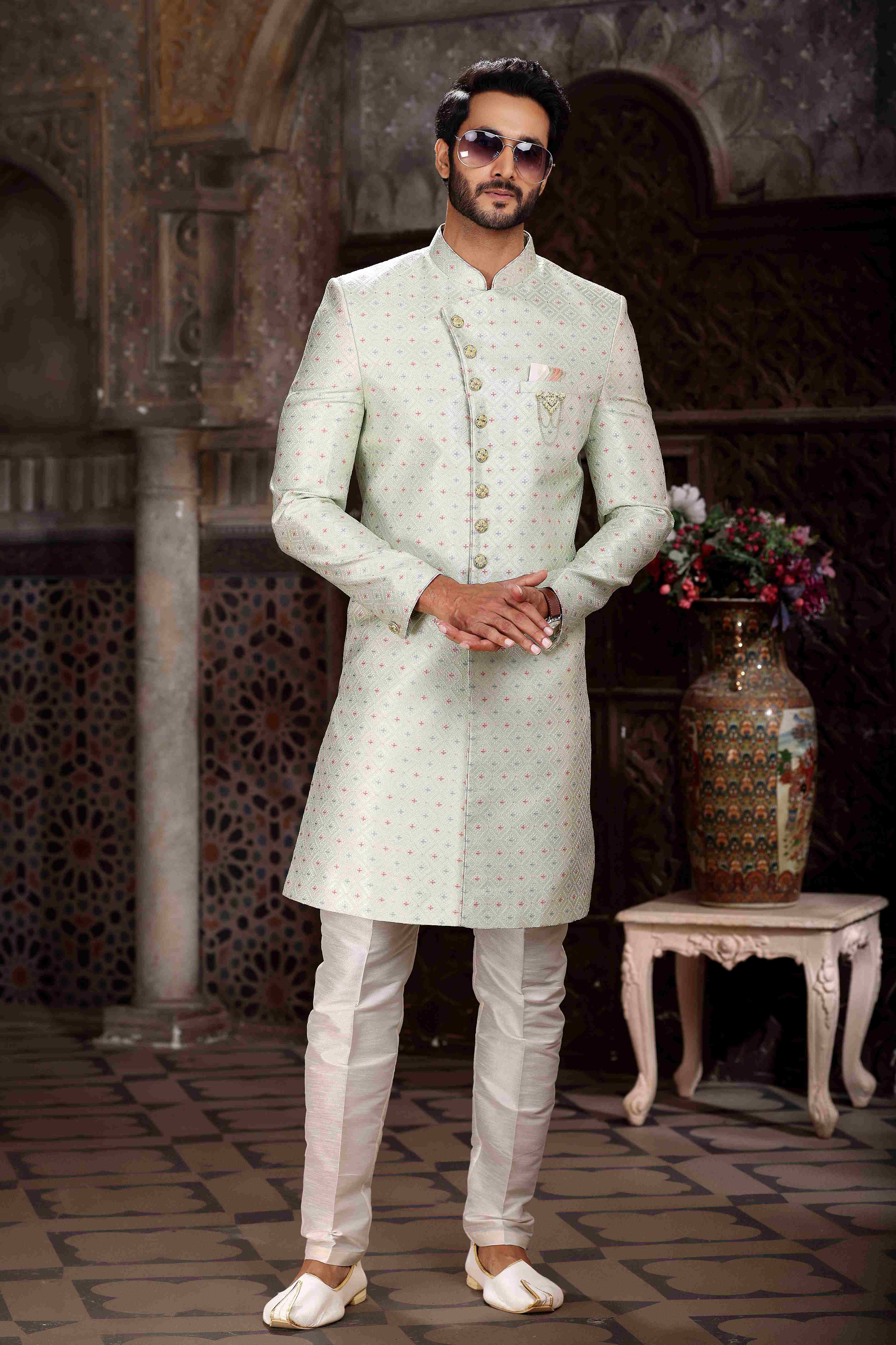 Raivat Ethnic Banarasi Jacquard Woven Work Indo Western Sherwani In Pista Green Colour