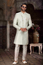 Thumbnail for Raivat Ethnic Banarasi Jacquard Woven Work Indo Western Sherwani In Pista Green Colour