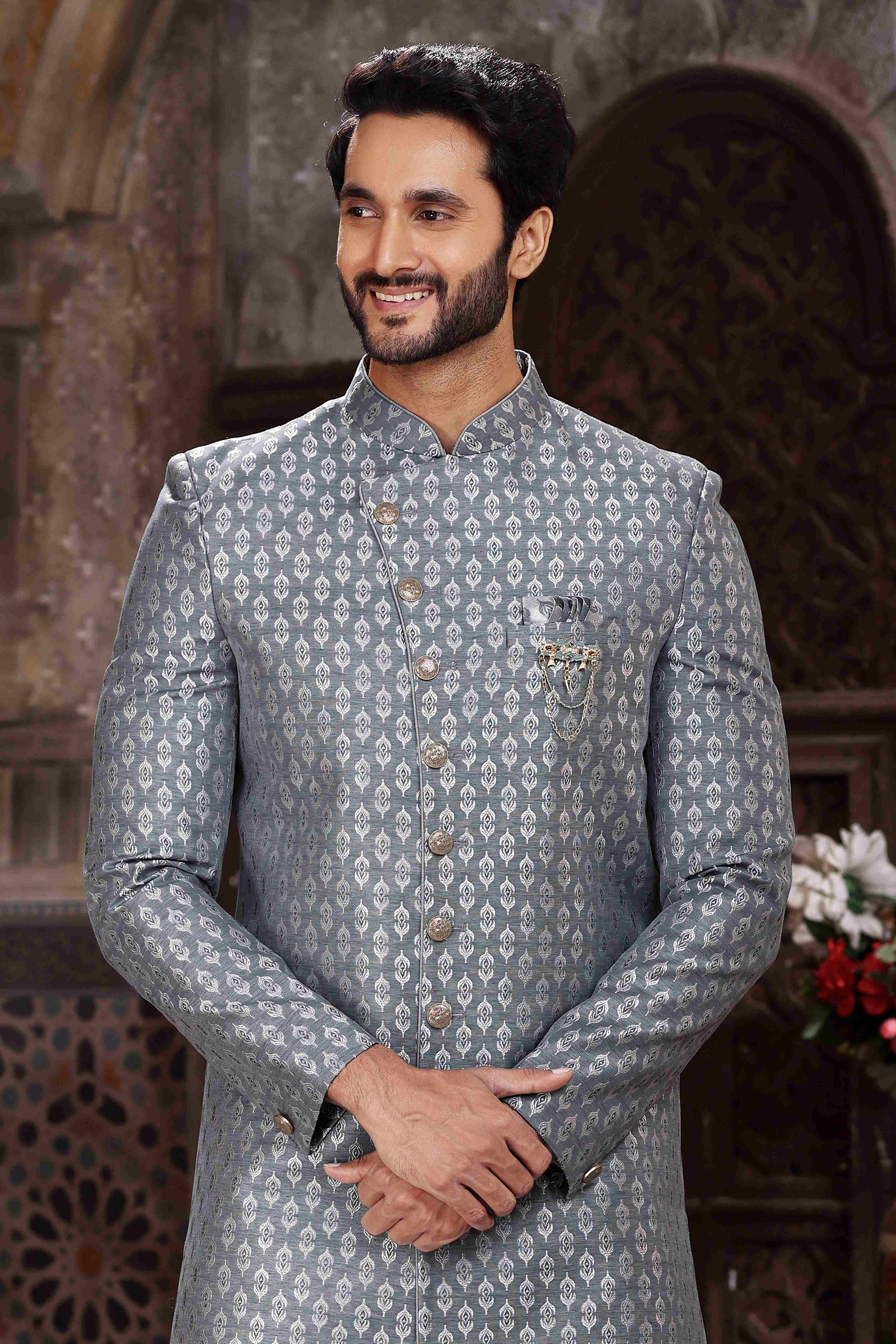 Raivat Ethnic Banarasi Jacquard Woven Work Indo Western Sherwani In Grey Colour