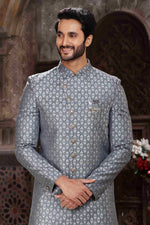 Thumbnail for Raivat Ethnic Banarasi Jacquard Woven Work Indo Western Sherwani In Grey Colour