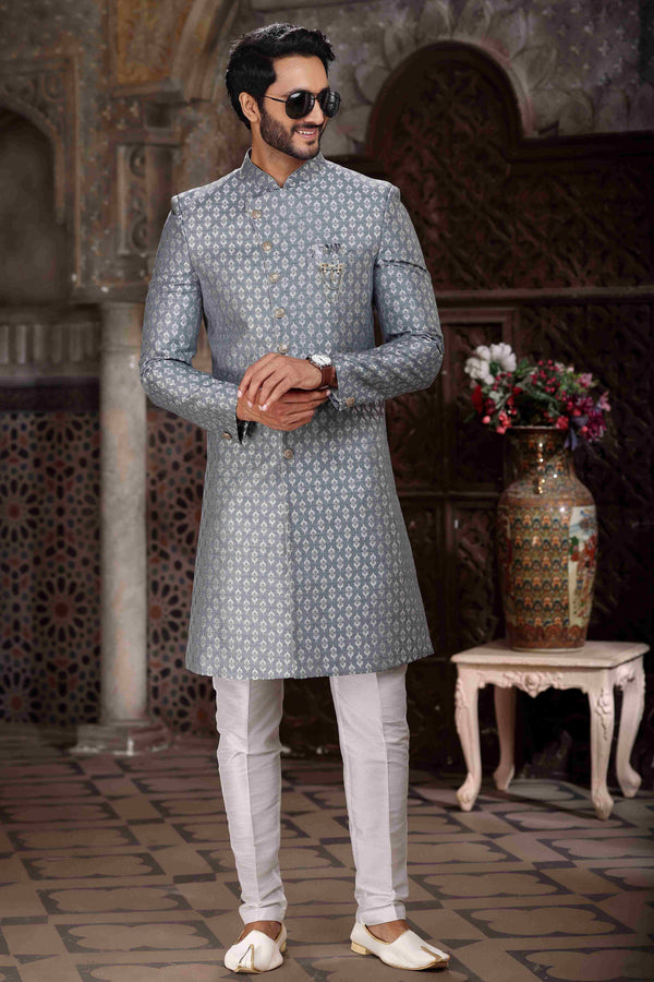 Raivat Ethnic Banarasi Jacquard Woven Work Indo Western Sherwani In Grey Colour