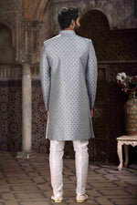 Thumbnail for Raivat Ethnic Banarasi Jacquard Woven Work Indo Western Sherwani In Grey Colour