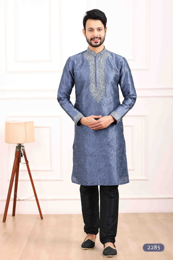 Raivat Ethnic Art Banarasi Silk Thread Work Kurta Pajama In Blue Colour