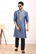Thumbnail for Raivat Ethnic Art Banarasi Silk Thread Work Kurta Pajama In Blue Colour