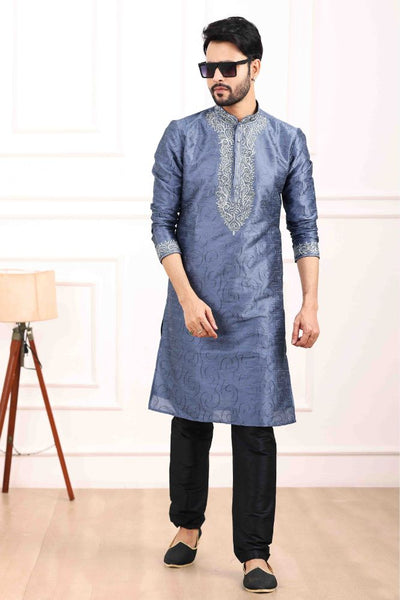 Raivat Ethnic Art Banarasi Silk Thread Work Kurta Pajama In Blue Colour