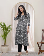 Thumbnail for Vaasva Black Floral Cotton Printed Gathered Kurti