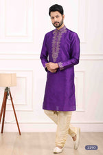 Thumbnail for Raivat Ethnic Art Banarasi Silk Thread Work Kurta Pajama In Purple Colour
