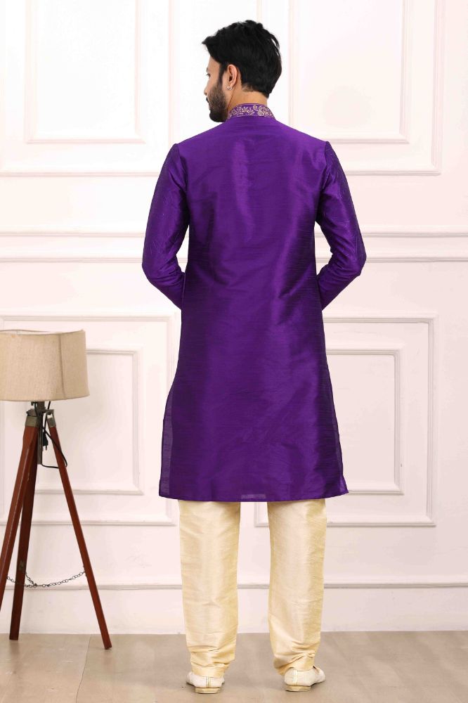 Raivat Ethnic Art Banarasi Silk Thread Work Kurta Pajama In Purple Colour