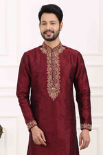Thumbnail for Raivat Ethnic Art Banarasi Silk Thread Work Kurta Pajama In Wine Colour