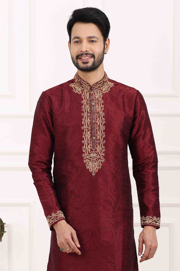 Raivat Ethnic Art Banarasi Silk Thread Work Kurta Pajama In Wine Colour