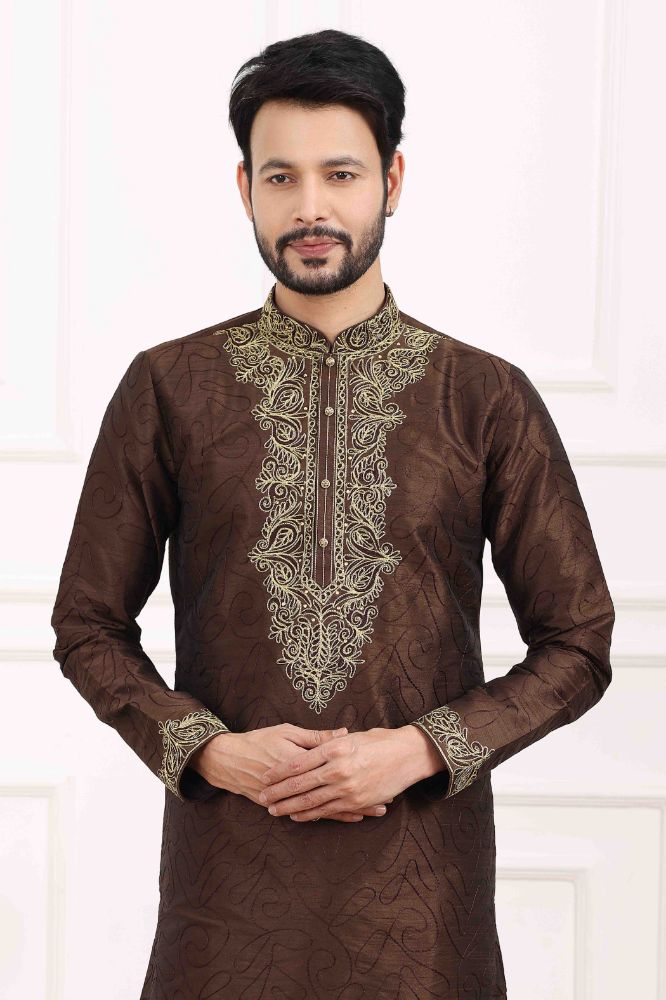 Raivat Ethnic Art Banarasi Silk Thread Work Kurta Pajama In Brown Colour