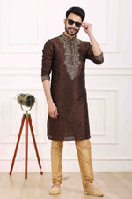 Thumbnail for Raivat Ethnic Art Banarasi Silk Thread Work Kurta Pajama In Brown Colour