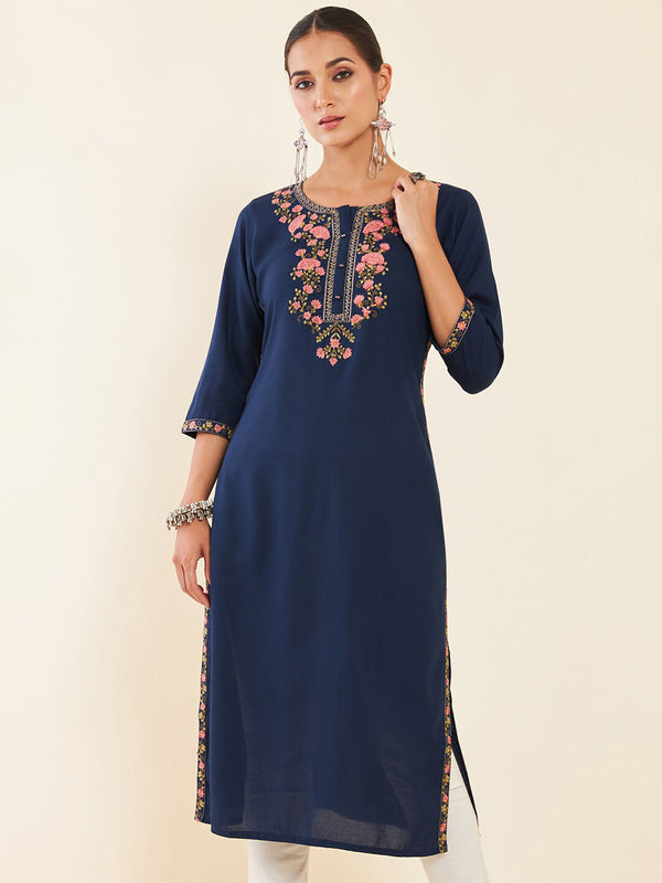 Soch Navy Blue Floral Embroidered Kurta - Distacart