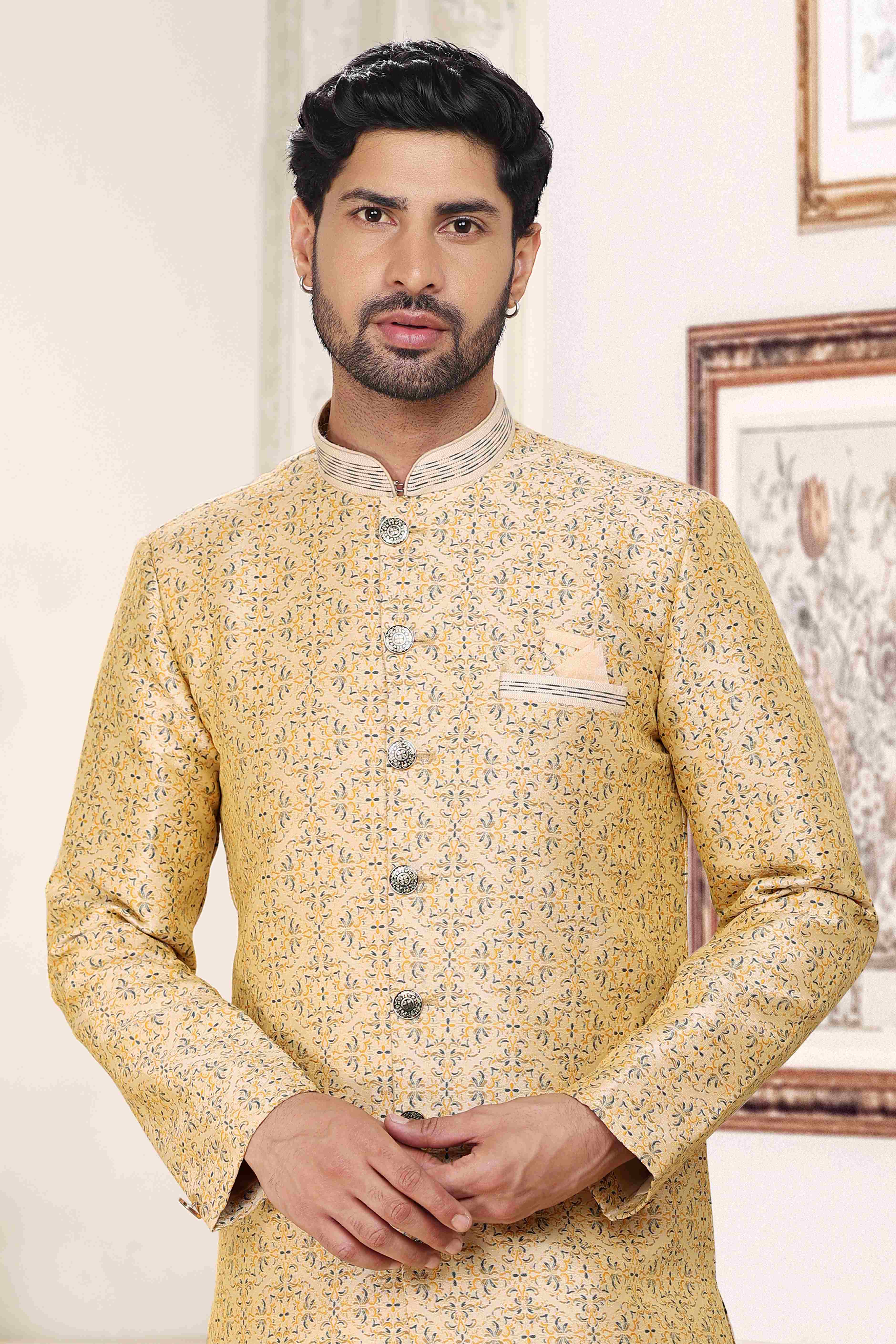 Raivat Ethnic Banarasi Jacquard Embroidery Semi Indo Western Sherwani In Cream Colour