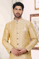 Thumbnail for Raivat Ethnic Banarasi Jacquard Embroidery Semi Indo Western Sherwani In Cream Colour