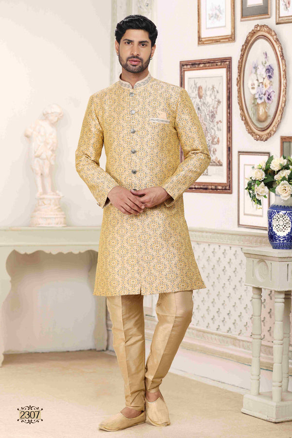 Raivat Ethnic Banarasi Jacquard Embroidery Semi Indo Western Sherwani In Cream Colour