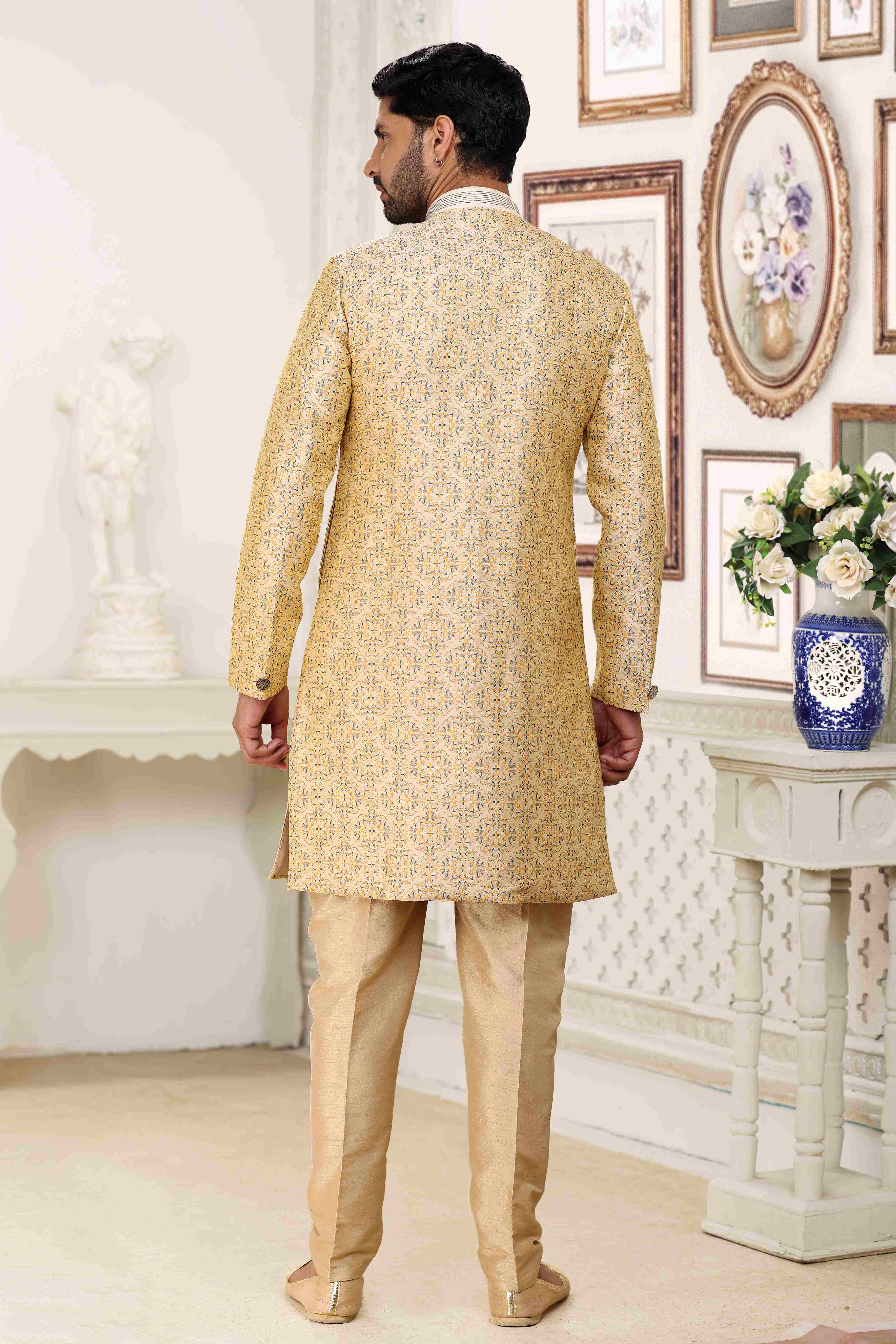 Raivat Ethnic Banarasi Jacquard Embroidery Semi Indo Western Sherwani In Cream Colour