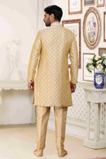 Thumbnail for Raivat Ethnic Banarasi Jacquard Embroidery Semi Indo Western Sherwani In Cream Colour