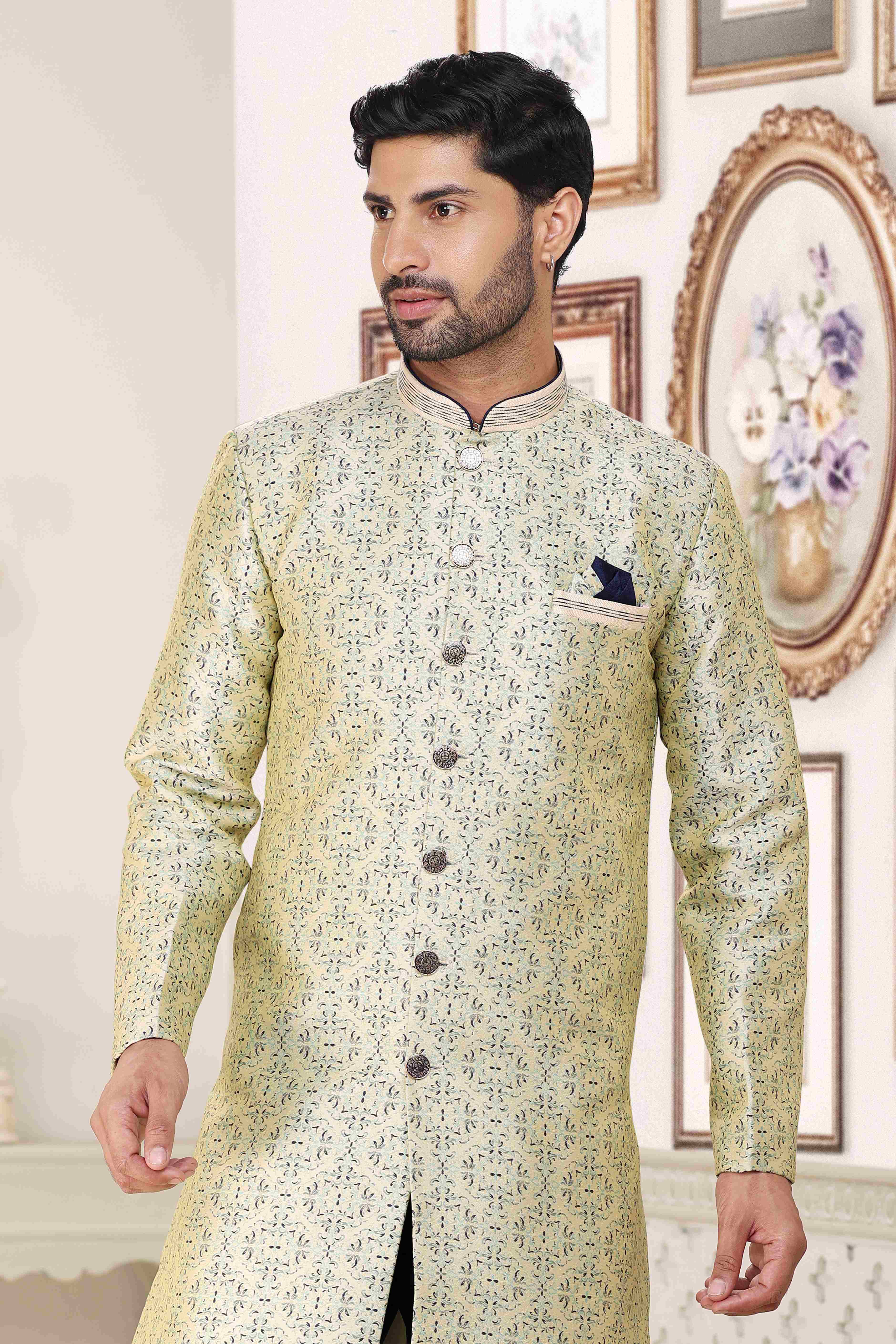 Raivat Ethnic Banarasi Jacquard Embroidery Semi Indo Western Sherwani In Cream Blue Colour