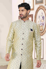 Thumbnail for Raivat Ethnic Banarasi Jacquard Embroidery Semi Indo Western Sherwani In Cream Blue Colour