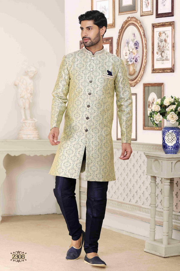 Raivat Ethnic Banarasi Jacquard Embroidery Semi Indo Western Sherwani In Cream Blue Colour
