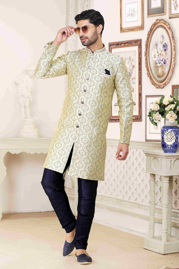 Raivat Ethnic Banarasi Jacquard Embroidery Semi Indo Western Sherwani In Cream Blue Colour