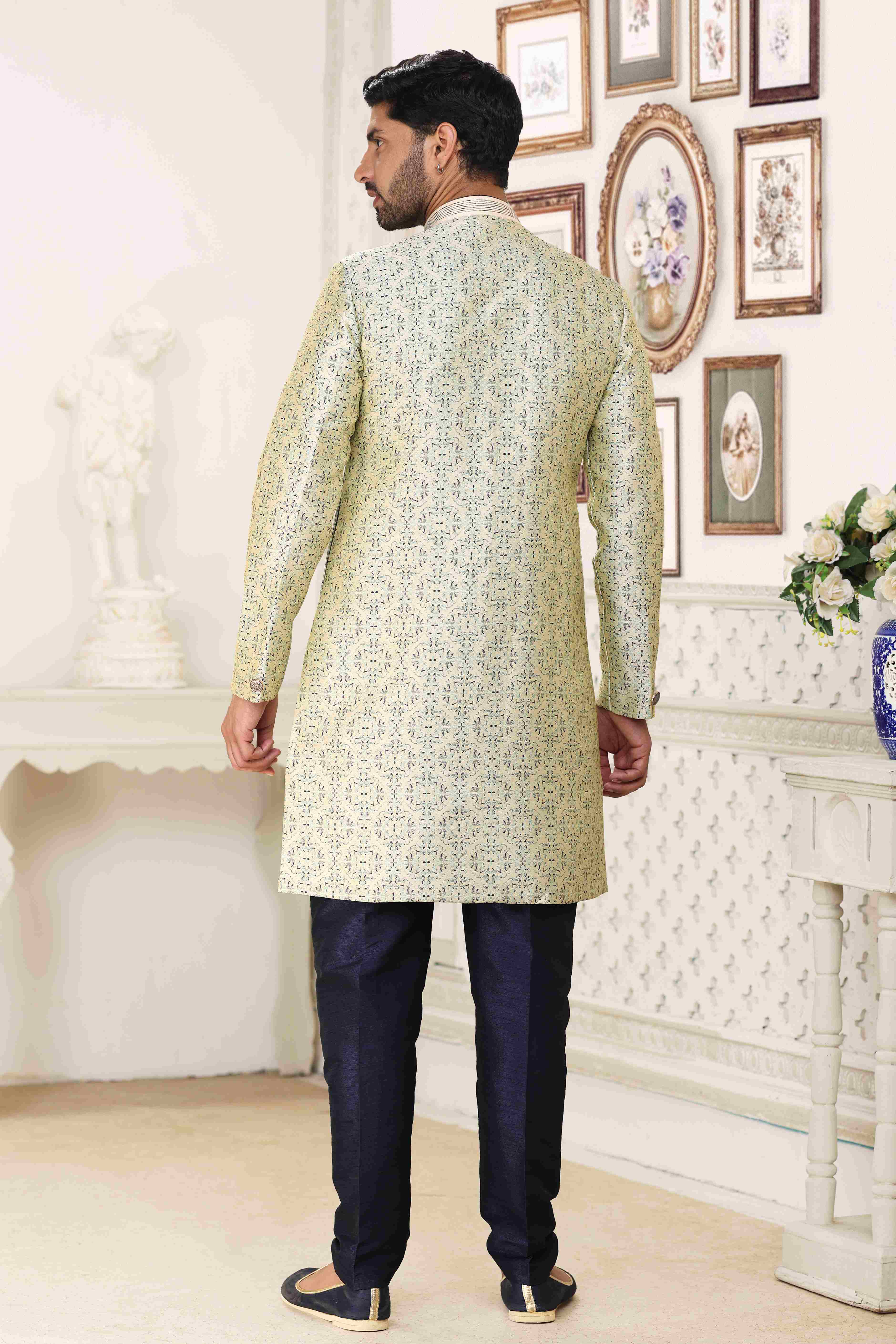 Raivat Ethnic Banarasi Jacquard Embroidery Semi Indo Western Sherwani In Cream Blue Colour
