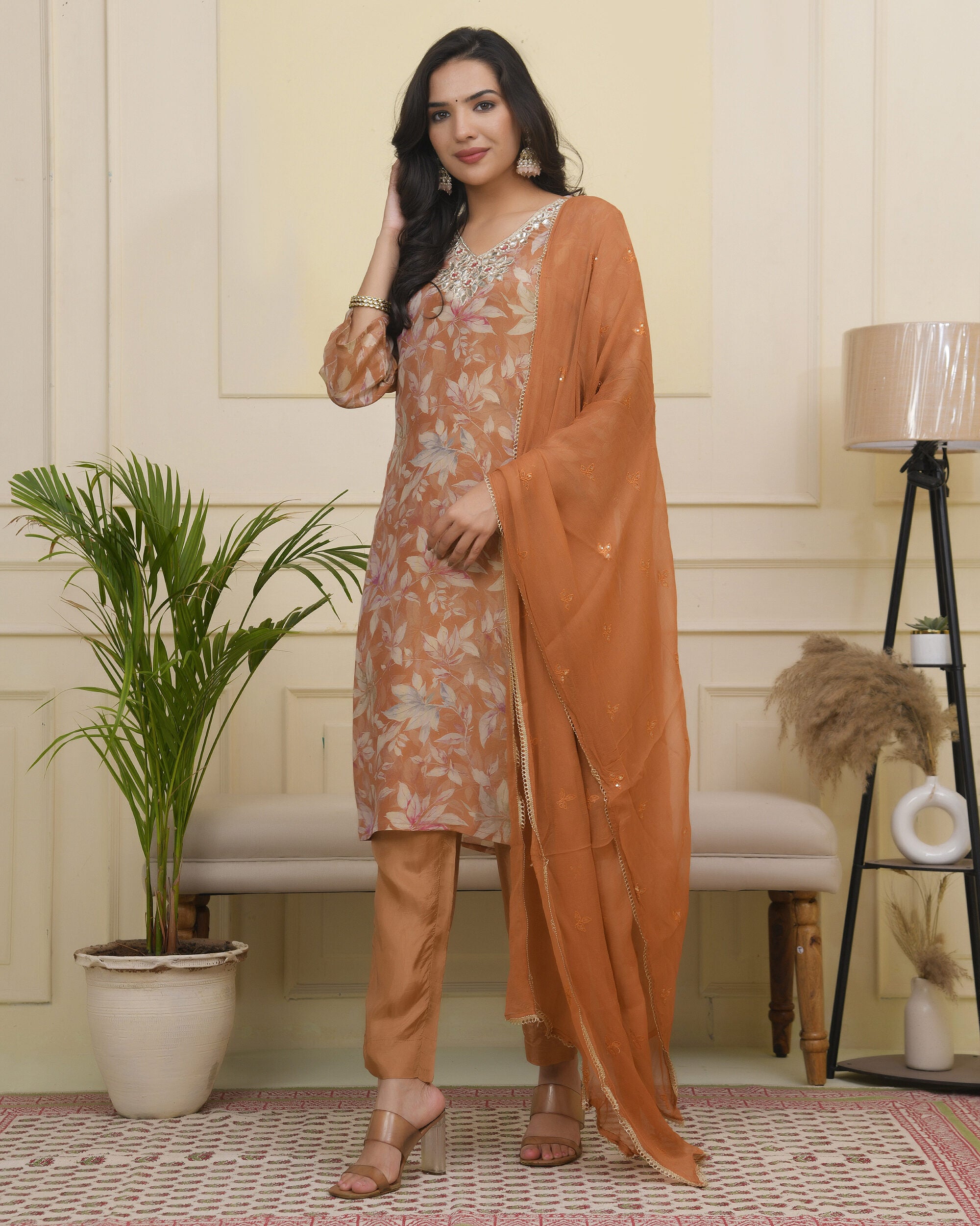 Vaasva Women Rust Tissue Shimmer Kurta With Silk Pant & Dupatta