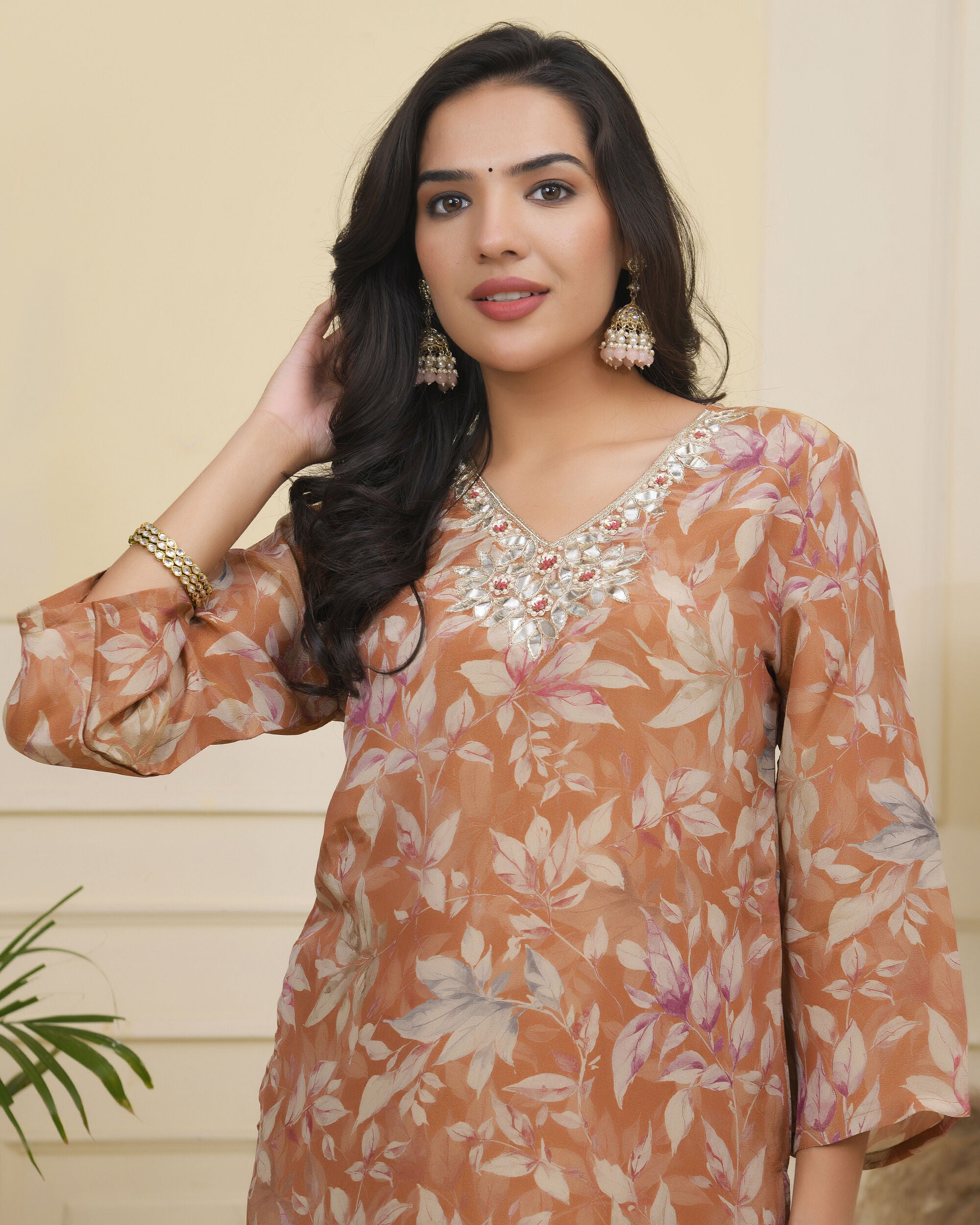 Vaasva Women Rust Tissue Shimmer Kurta With Silk Pant & Dupatta