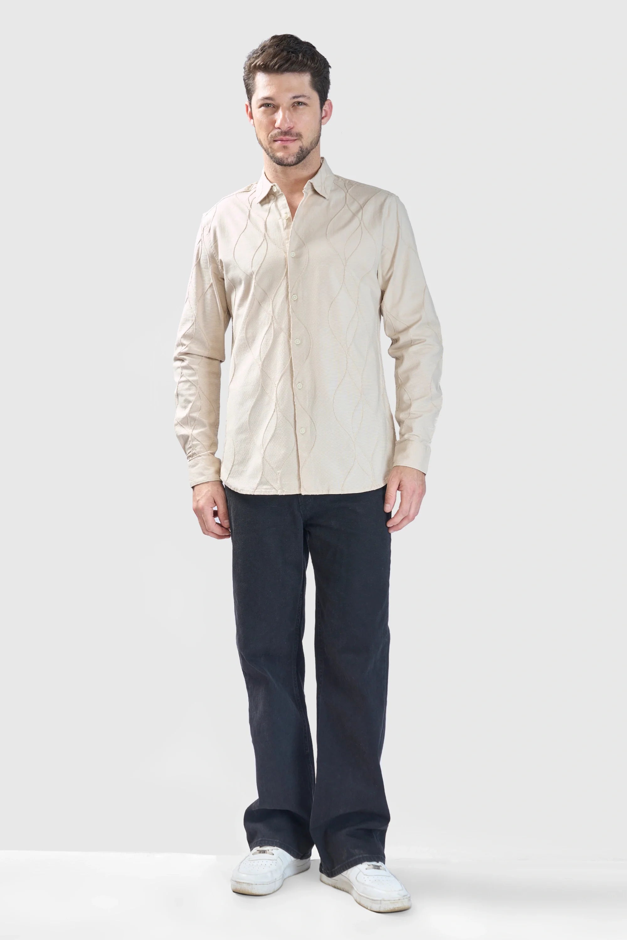 Xkind Beige Embroidery Full Sleeve Slim Fit Shirt