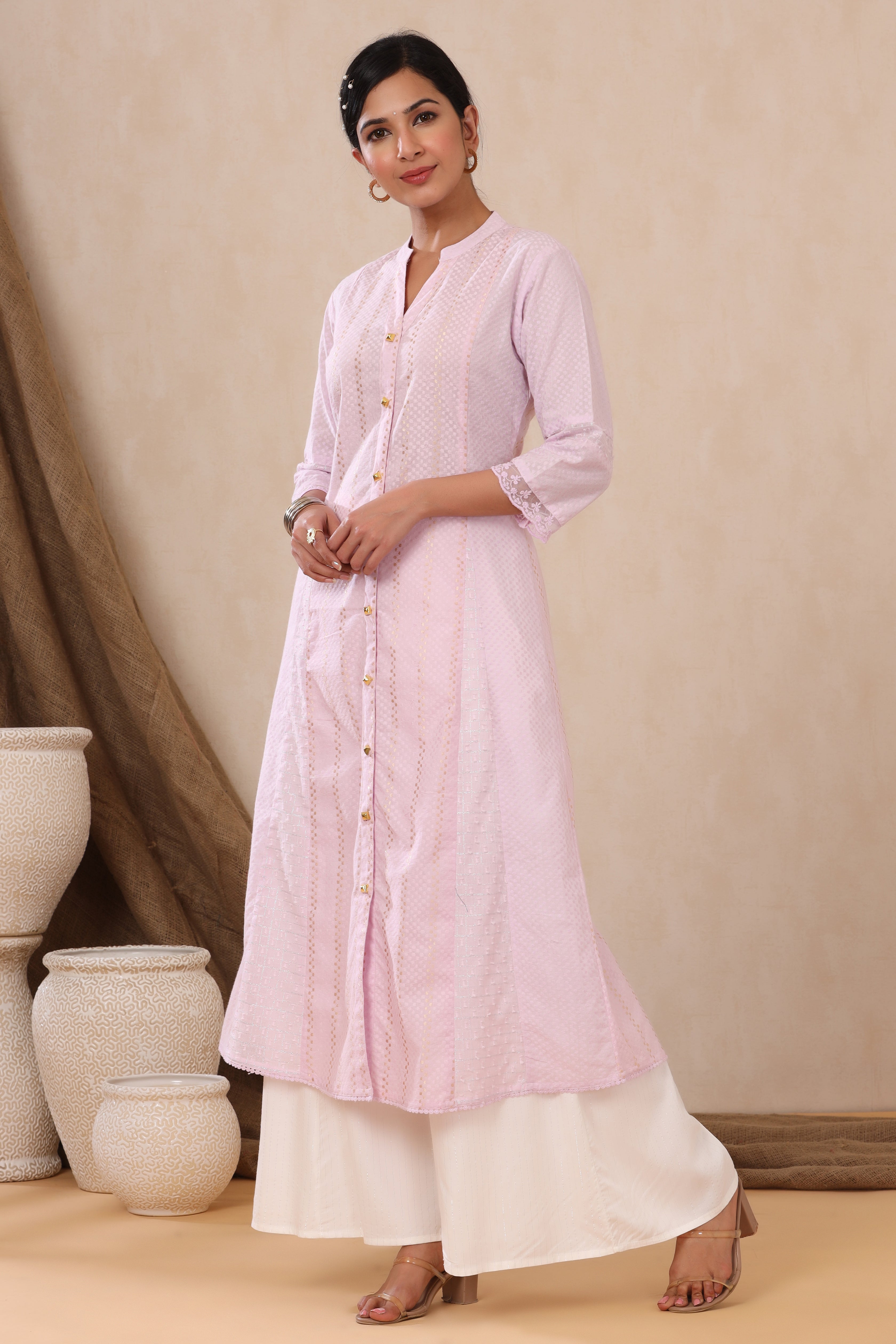 Juniper Women's Purple Cotton Dobby Flared Kurta With Buttons - Distacart