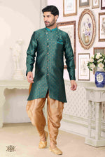 Thumbnail for Raivat Ethnic Banarasi Jacquard Embroidery Semi Indo Western Sherwani In Green Colour
