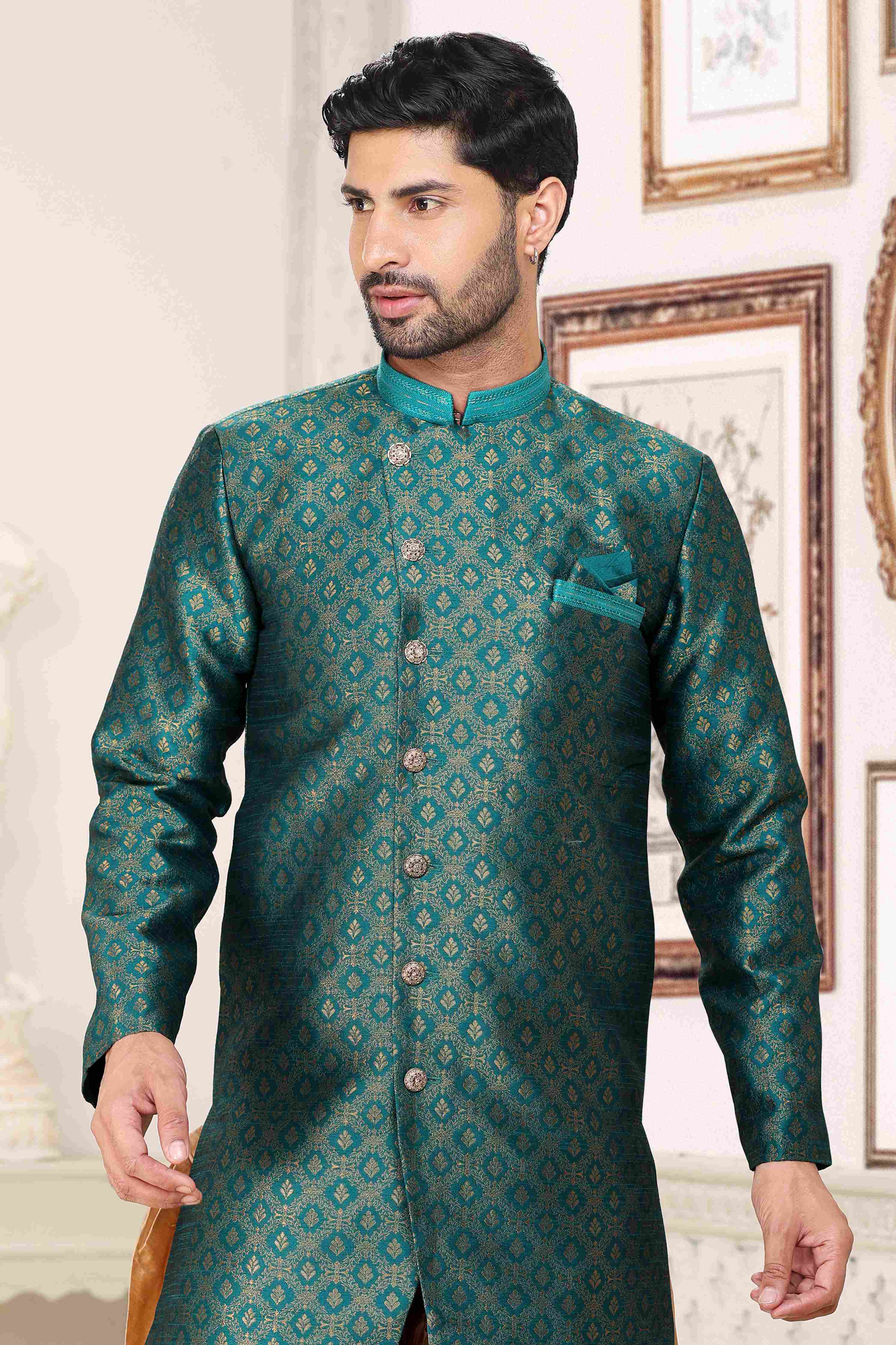 Raivat Ethnic Banarasi Jacquard Embroidery Semi Indo Western Sherwani In Green Colour