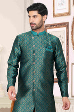 Thumbnail for Raivat Ethnic Banarasi Jacquard Embroidery Semi Indo Western Sherwani In Green Colour